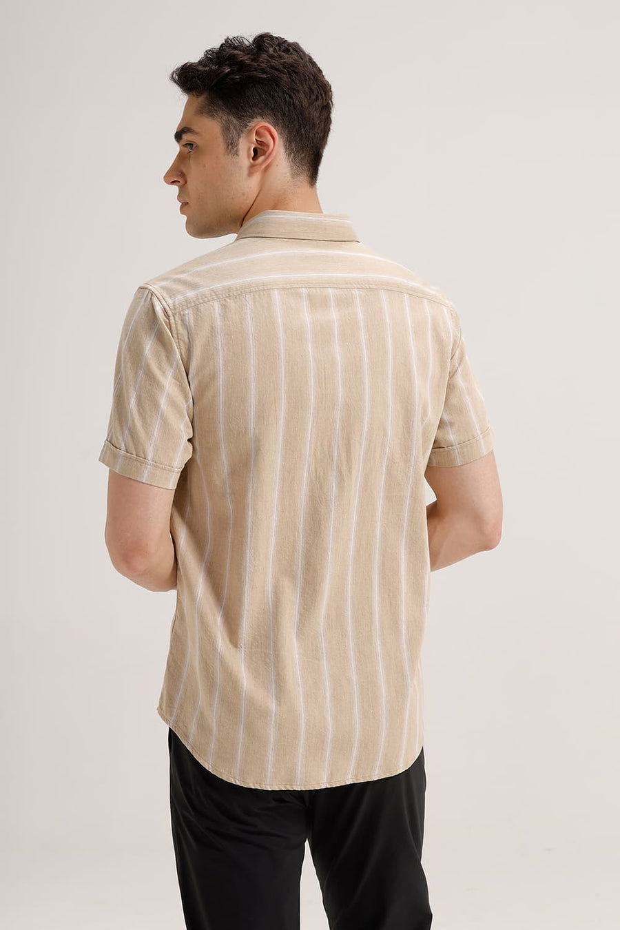 BASICS SLIM FIT WARM KHAKI COTTON MELANGE STRIPE HALFSLEEVES SHIRT