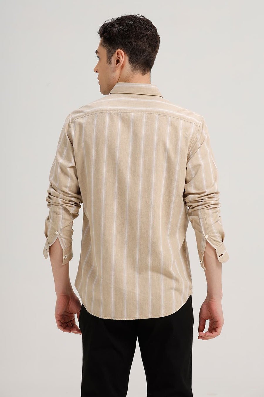 BASICS SLIM FIT WARM KHAKI COTTON MELANGE STRIPE SHIRT