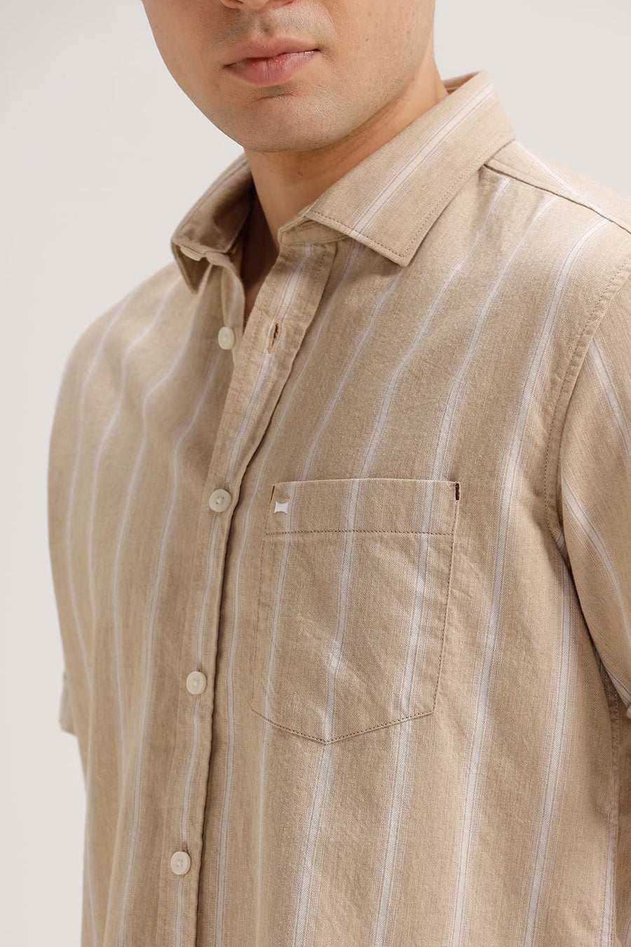 BASICS SLIM FIT WARM KHAKI COTTON MELANGE STRIPE HALFSLEEVES SHIRT