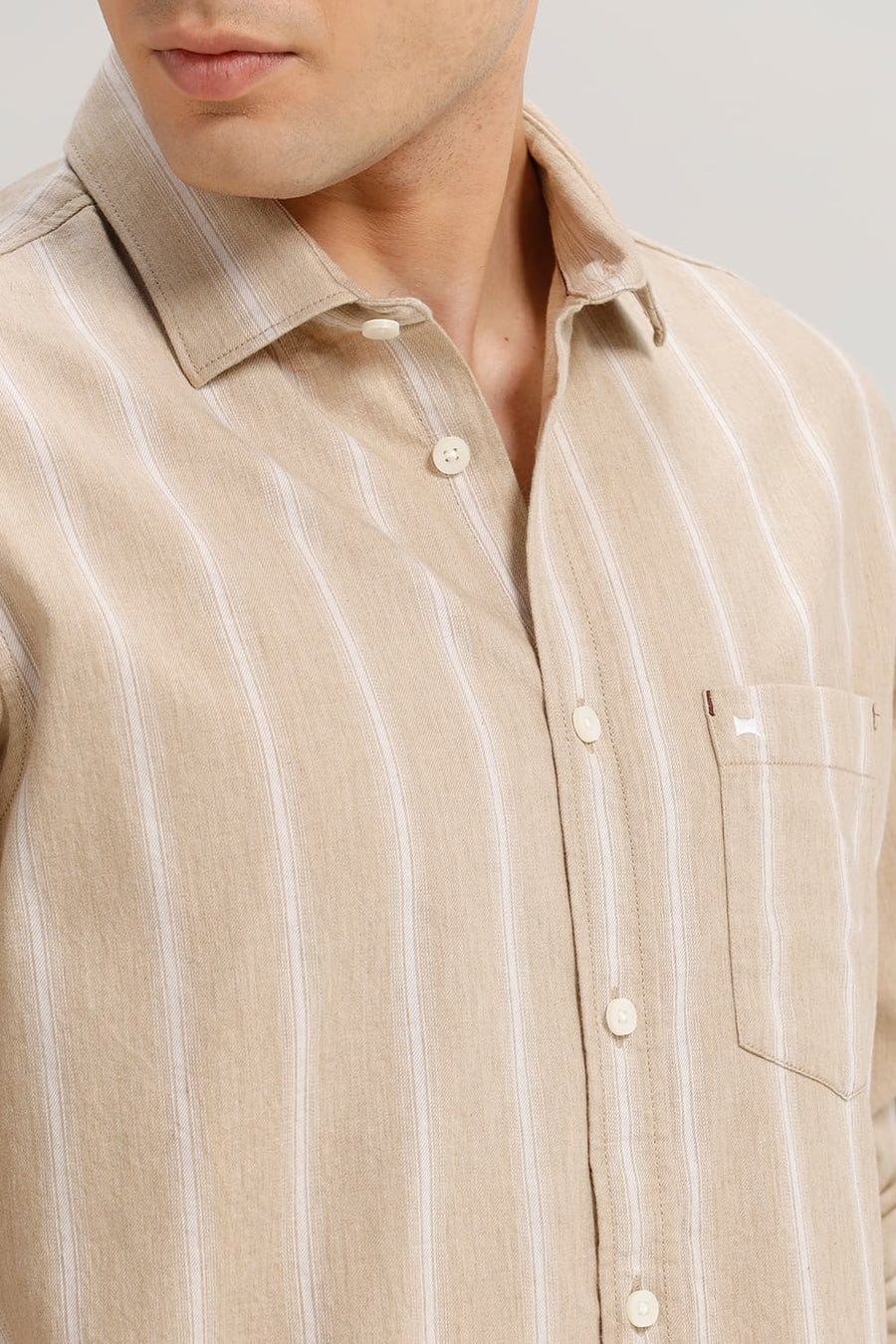 BASICS SLIM FIT WARM KHAKI COTTON MELANGE STRIPE SHIRT