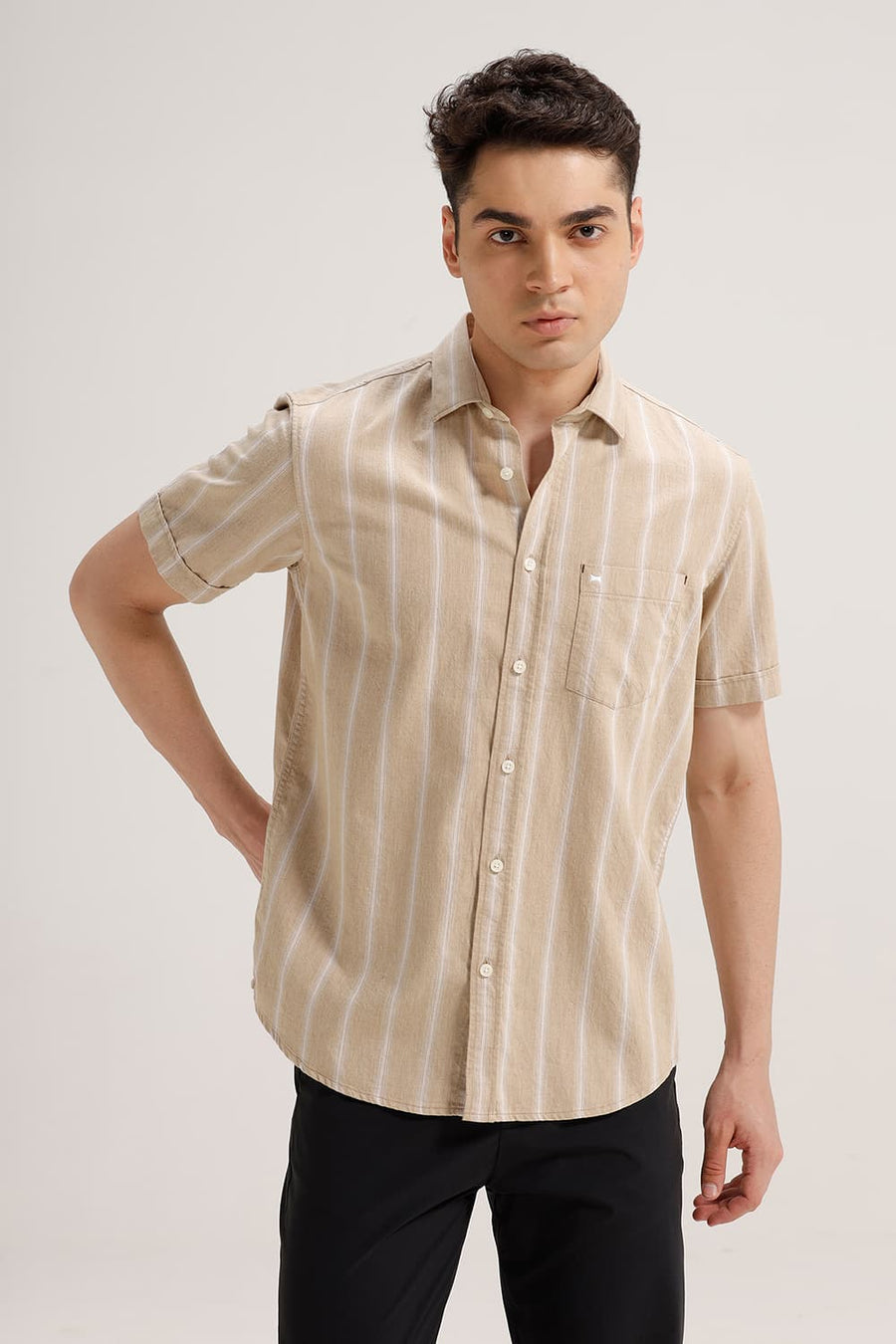 BASICS SLIM FIT WARM KHAKI COTTON MELANGE STRIPE HALFSLEEVES SHIRT