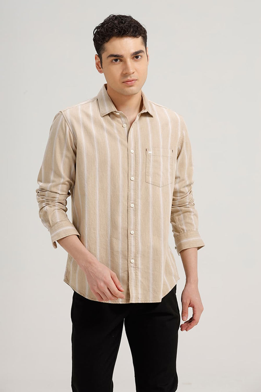 BASICS SLIM FIT WARM KHAKI COTTON MELANGE STRIPE SHIRT