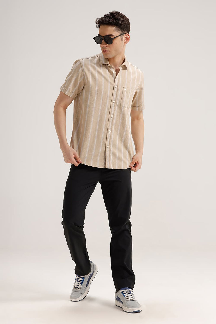 BASICS SLIM FIT WARM KHAKI COTTON MELANGE STRIPE HALFSLEEVES SHIRT