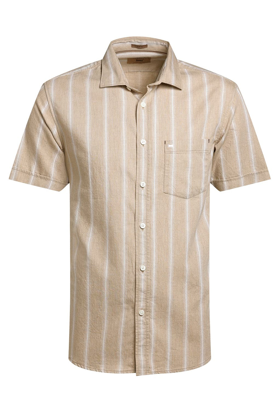 BASICS SLIM FIT WARM KHAKI COTTON MELANGE STRIPE HALFSLEEVES SHIRT