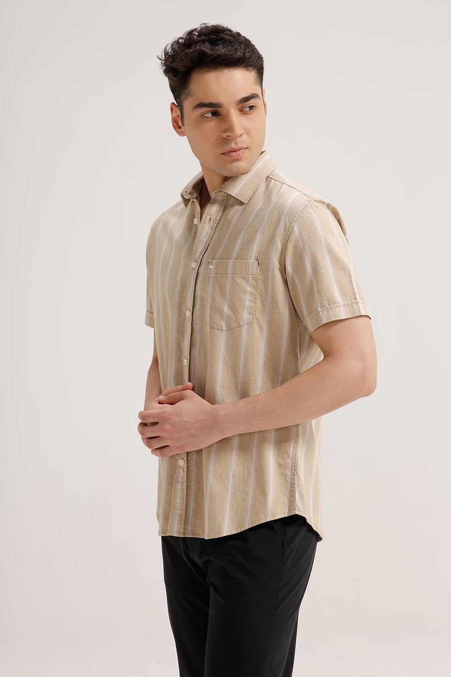 BASICS SLIM FIT WARM KHAKI COTTON MELANGE STRIPE HALFSLEEVES SHIRT