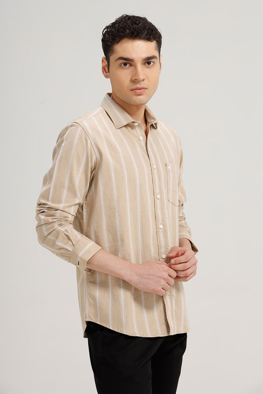 BASICS SLIM FIT WARM KHAKI COTTON MELANGE STRIPE SHIRT