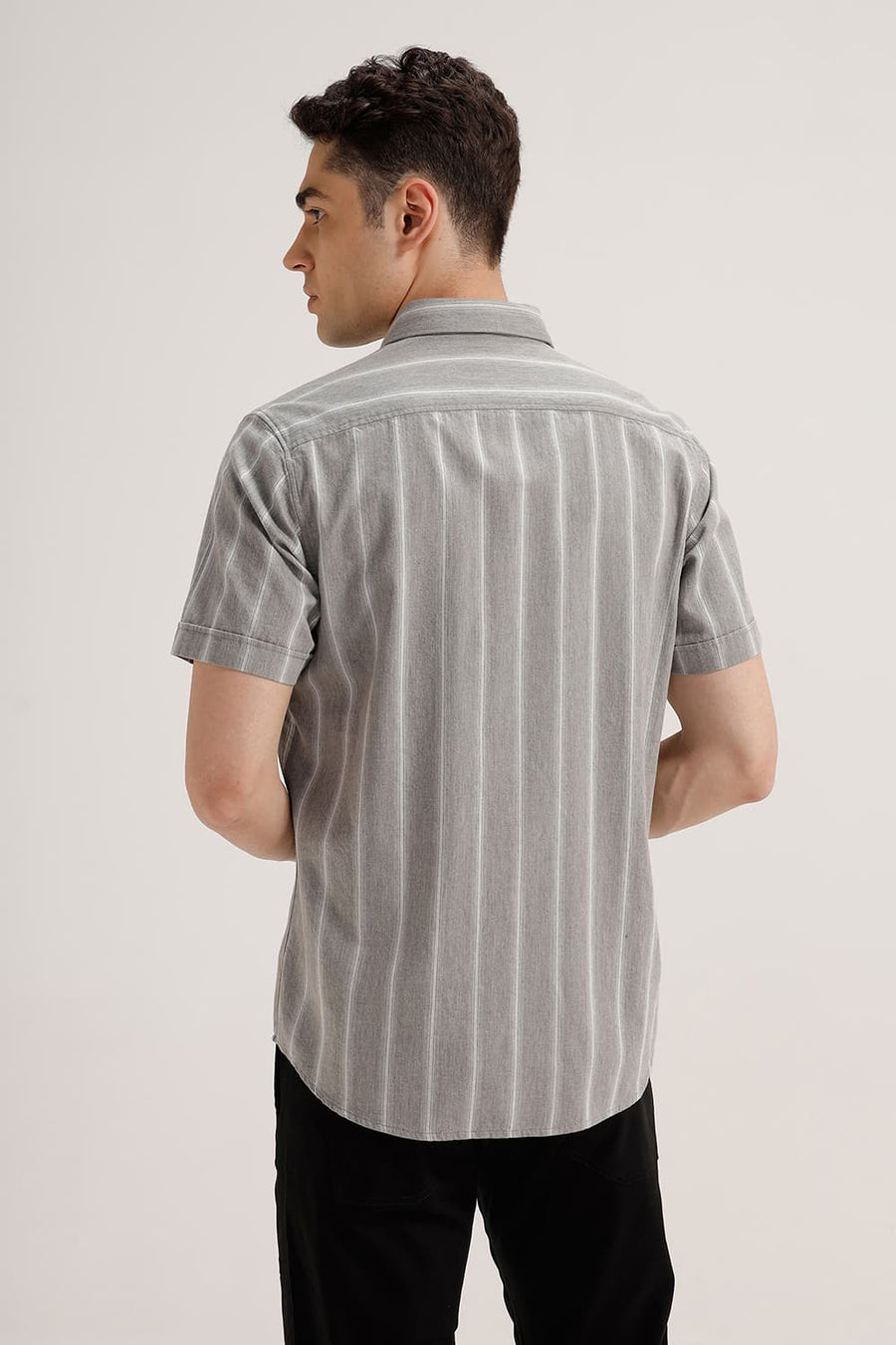 BASICS SLIM FIT STONE GREY COTTON MELANGE STRIPE HALFSLEEVES SHIRT