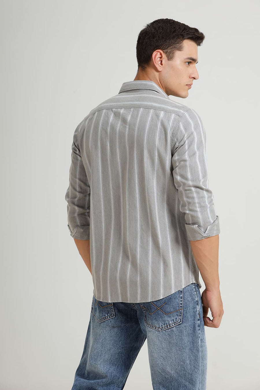 BASICS SLIM FIT STONE GREY COTTON MELANGE STRIPE SHIRT