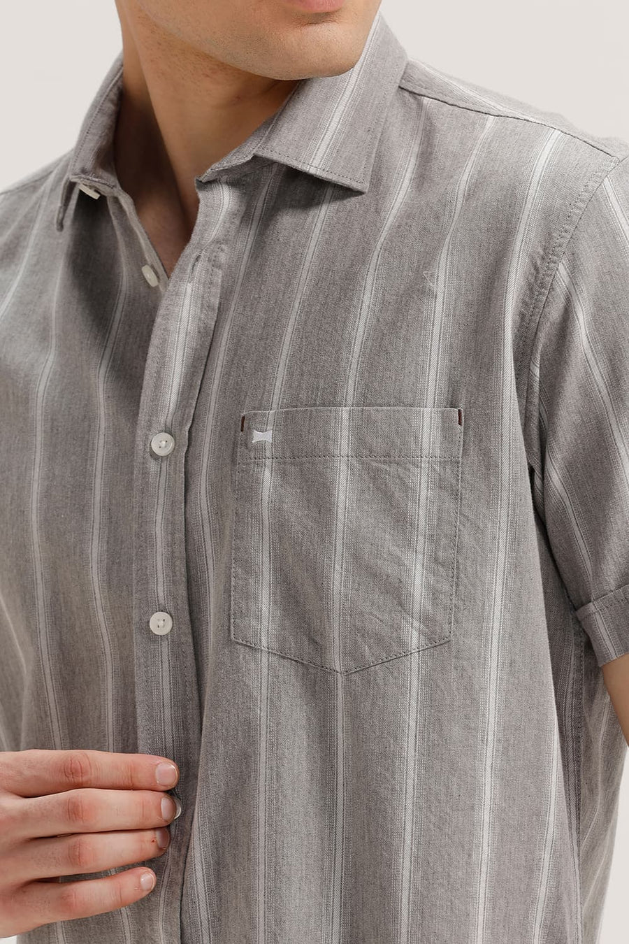 BASICS SLIM FIT STONE GREY COTTON MELANGE STRIPE HALFSLEEVES SHIRT