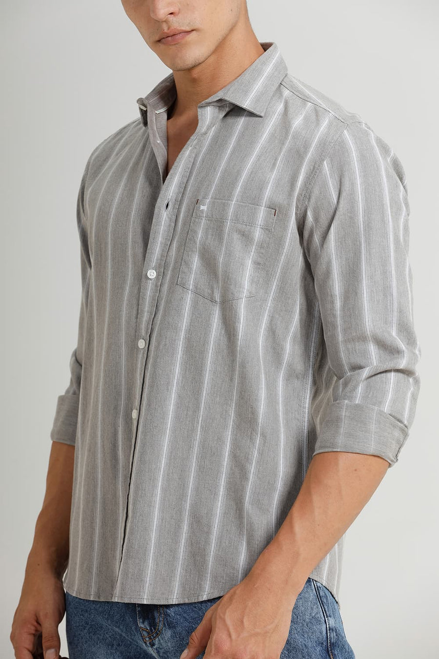 BASICS SLIM FIT STONE GREY COTTON MELANGE STRIPE SHIRT