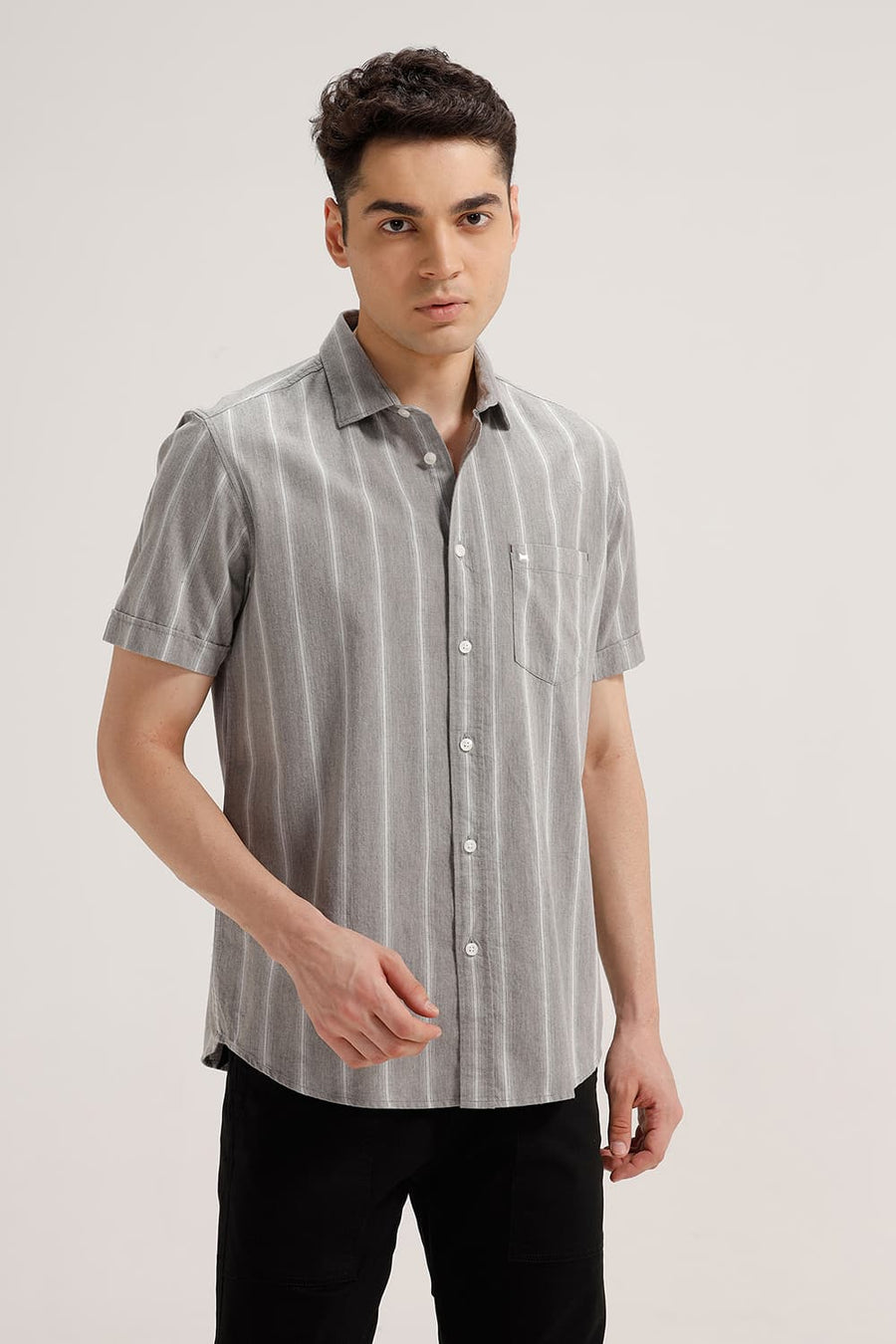 BASICS SLIM FIT STONE GREY COTTON MELANGE STRIPE HALFSLEEVES SHIRT