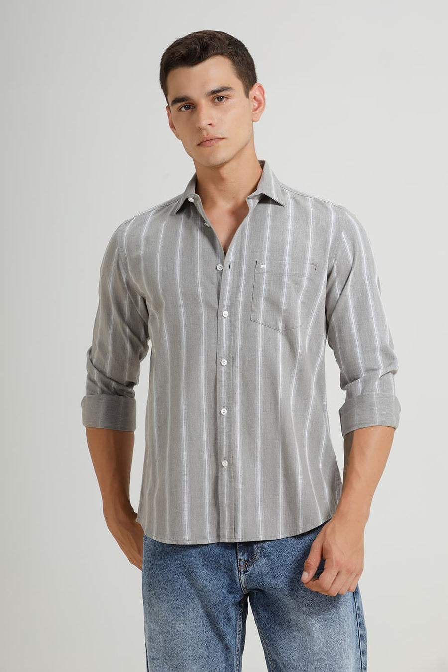 BASICS SLIM FIT STONE GREY COTTON MELANGE STRIPE SHIRT
