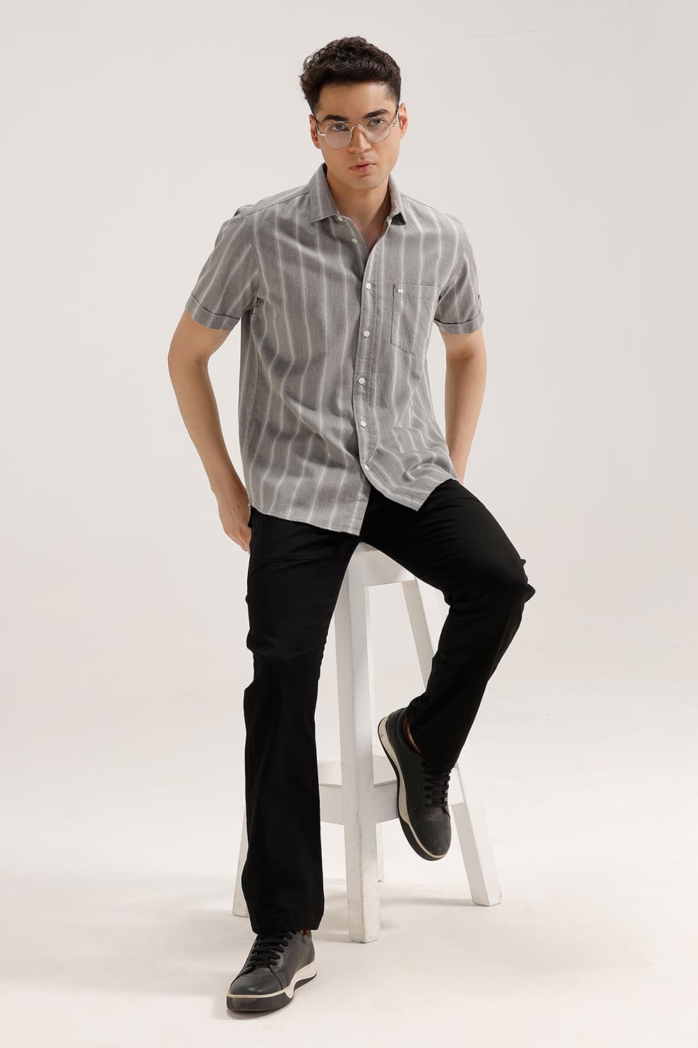SLIM FIT COTTON MELANGE STRIPE HALFSLEEVES SHIRT