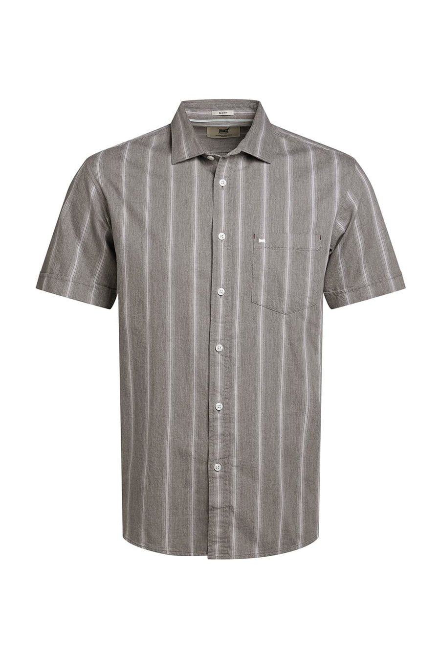 BASICS SLIM FIT STONE GREY COTTON MELANGE STRIPE HALFSLEEVES SHIRT