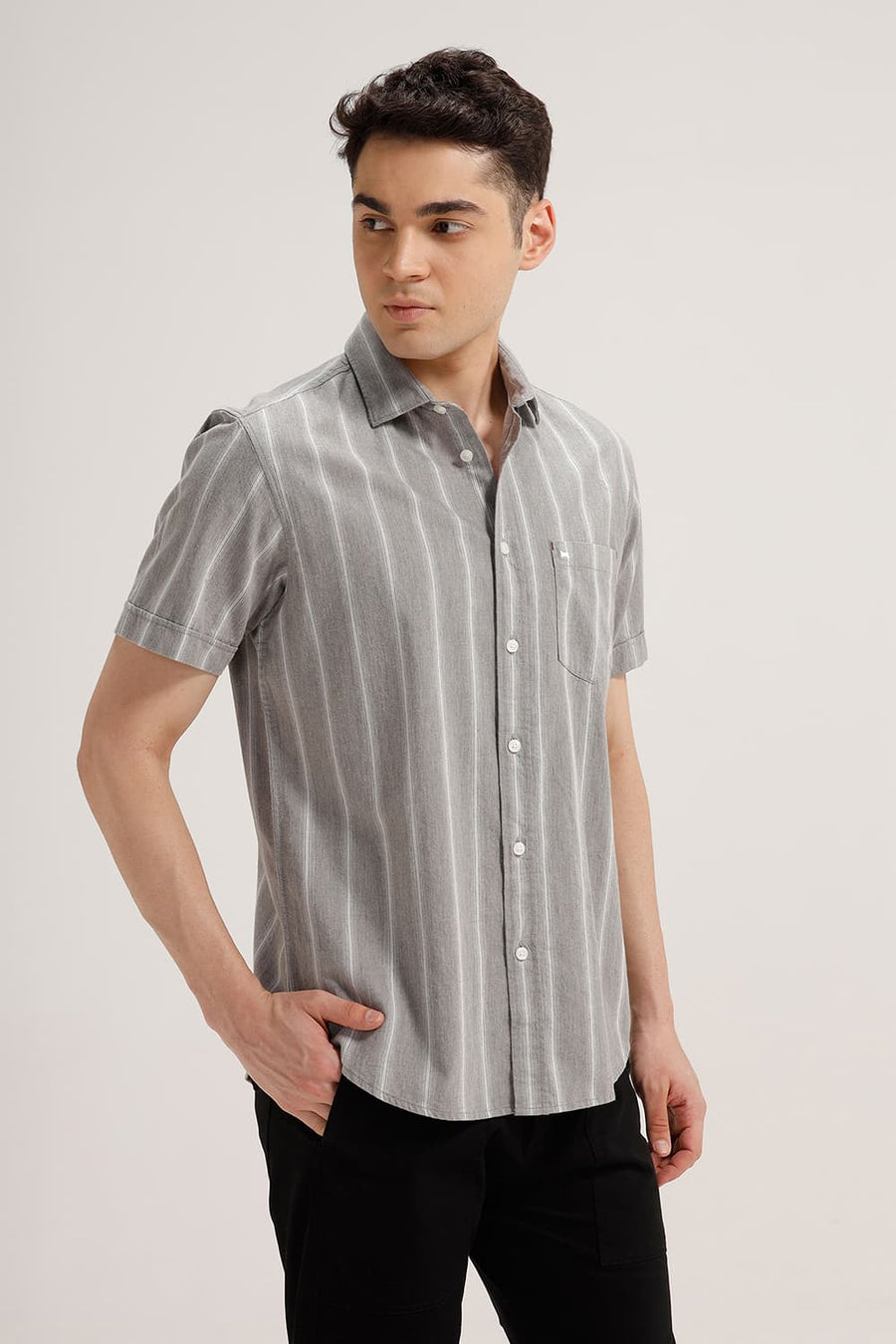 BASICS SLIM FIT STONE GREY COTTON MELANGE STRIPE HALFSLEEVES SHIRT