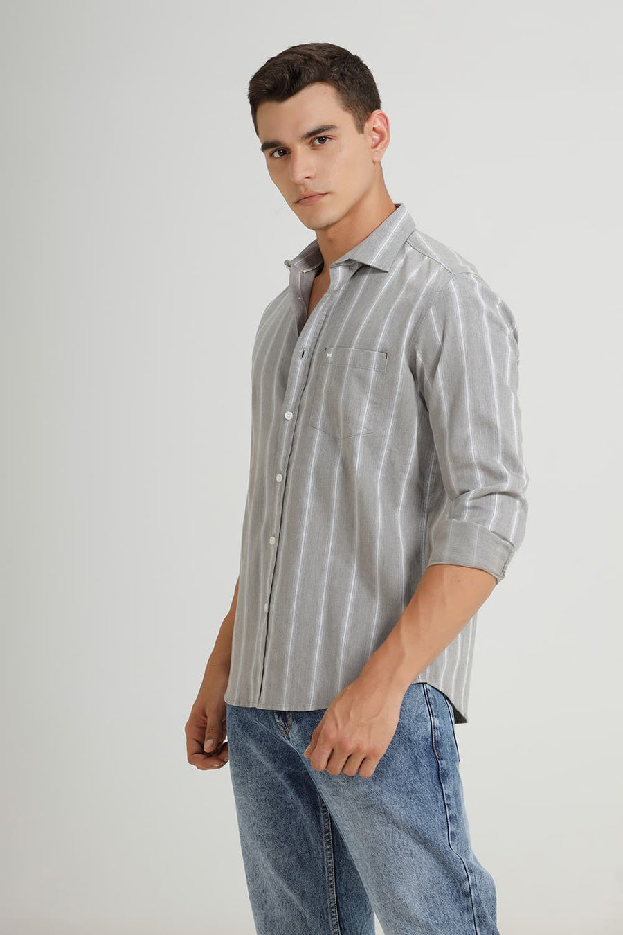 BASICS SLIM FIT STONE GREY COTTON MELANGE STRIPE SHIRT