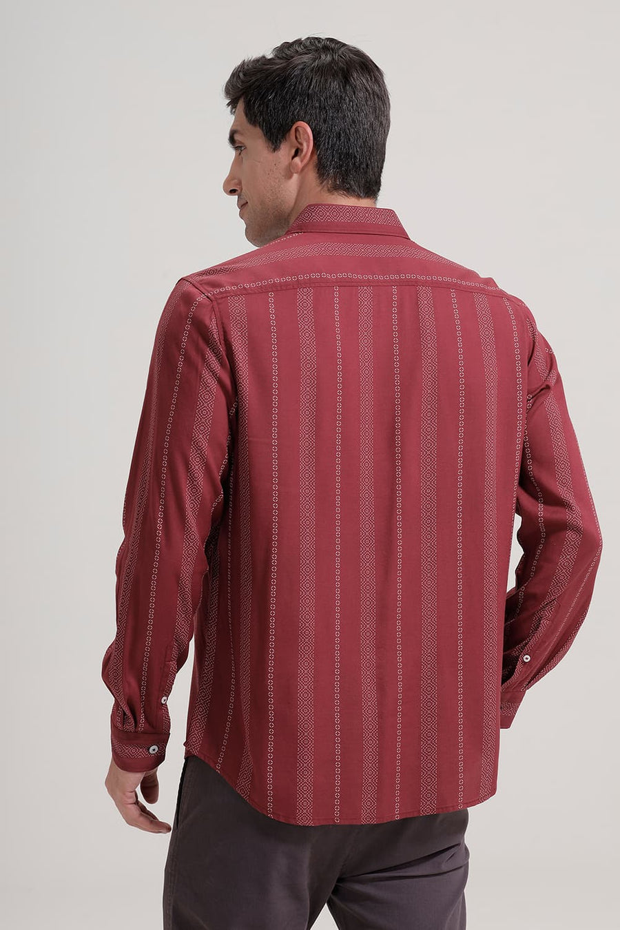 BASICS SLIM FIT MAROON VINEYARD VISCOSE PRINTED STRIPE SHIRT