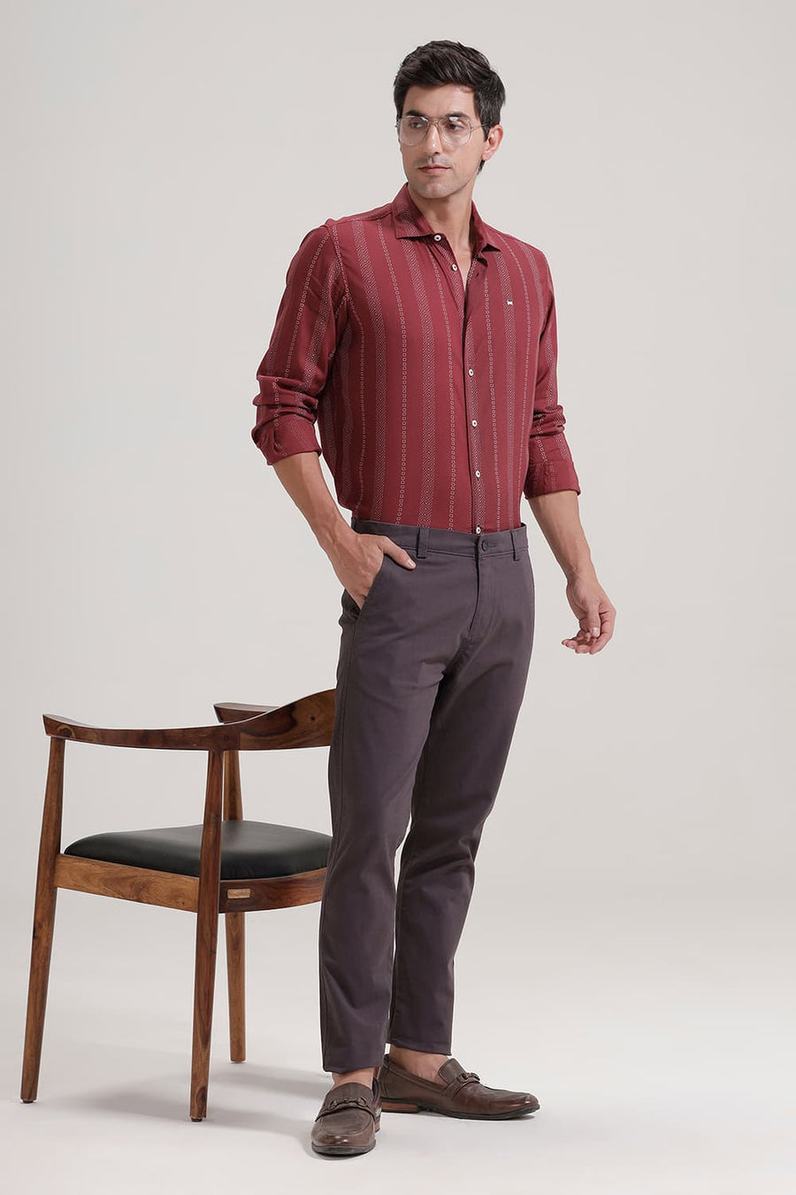 BASICS SLIM FIT MAROON VINEYARD VISCOSE PRINTED STRIPE SHIRT