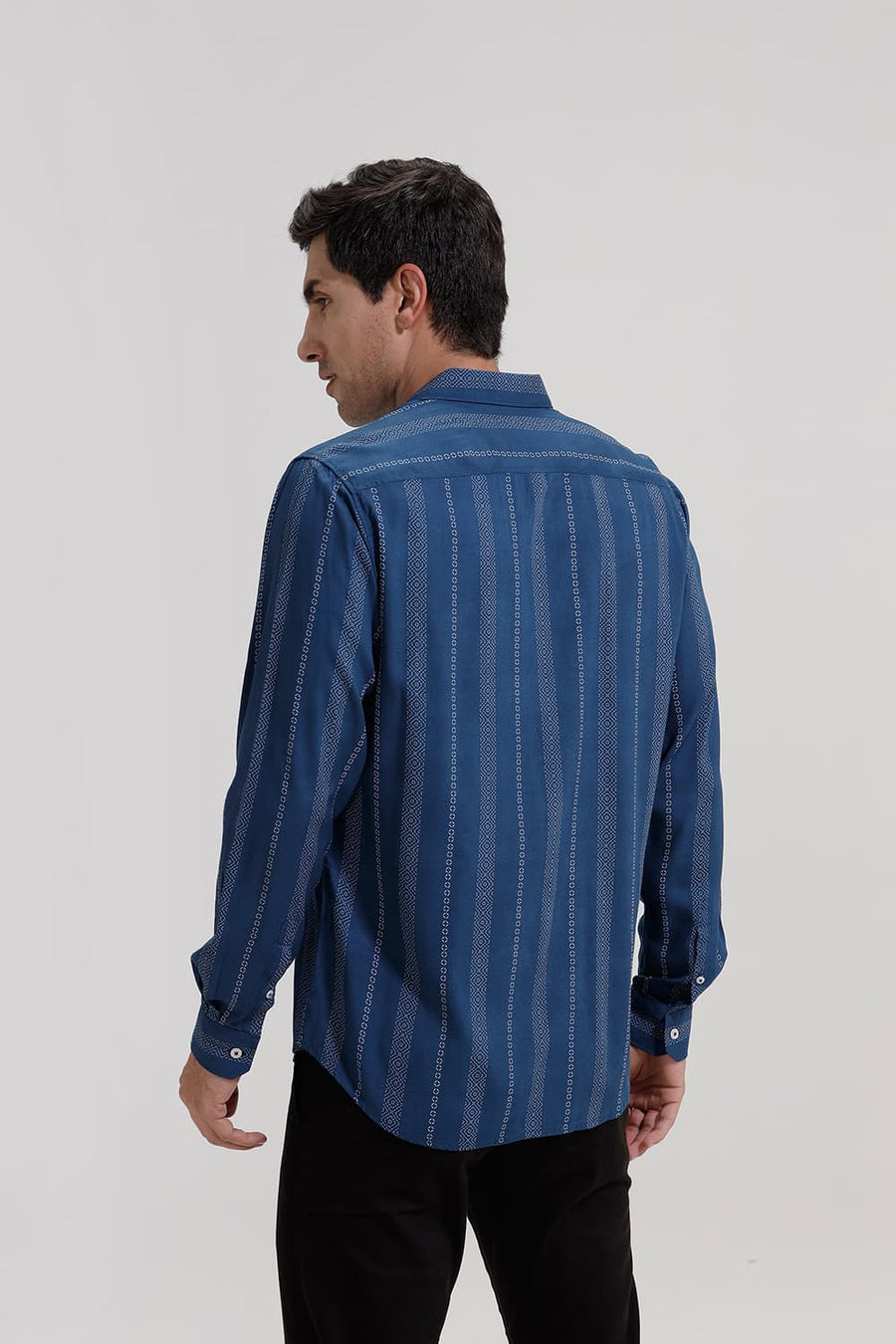 BASICS SLIM FIT STELLAR MID BLUE VISCOSE PRINTED STRIPE SHIRT