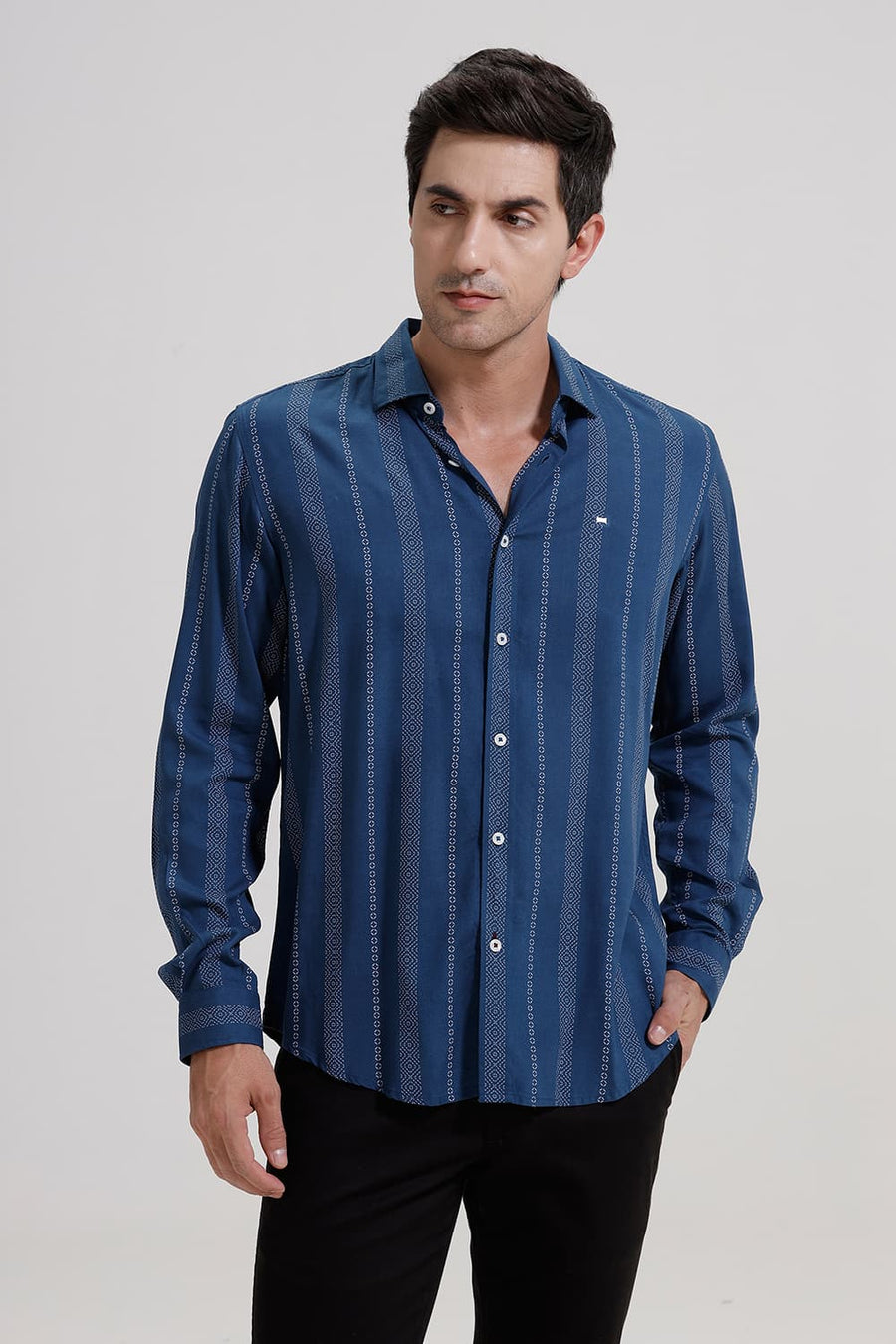 BASICS SLIM FIT STELLAR MID BLUE VISCOSE PRINTED STRIPE SHIRT