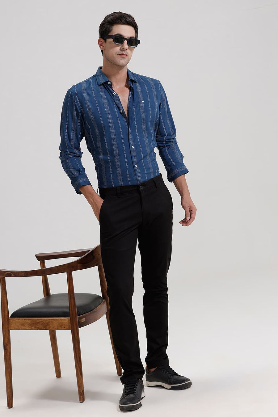 BASICS SLIM FIT STELLAR MID BLUE VISCOSE PRINTED STRIPE SHIRT
