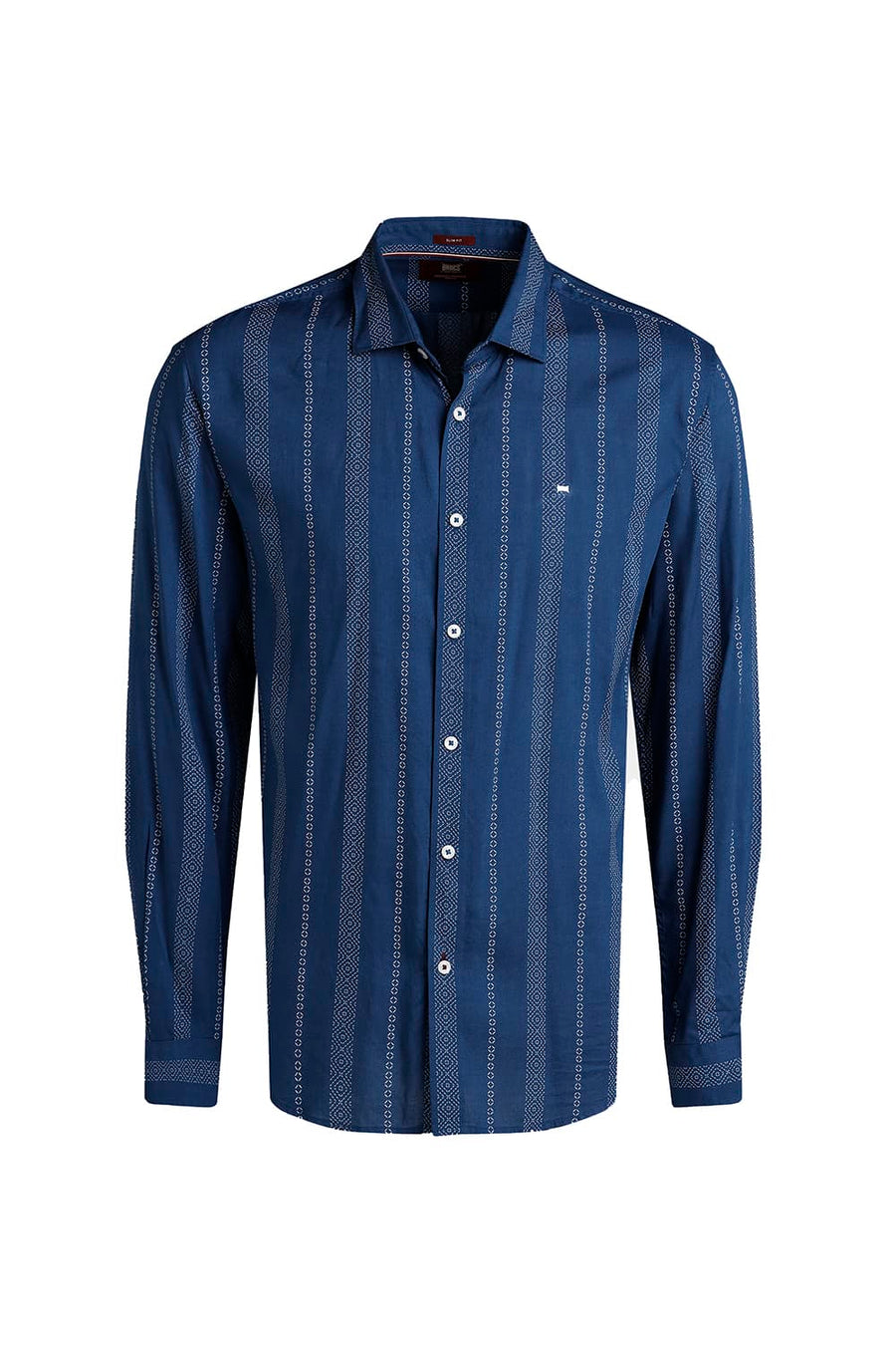BASICS SLIM FIT STELLAR MID BLUE VISCOSE PRINTED STRIPE SHIRT