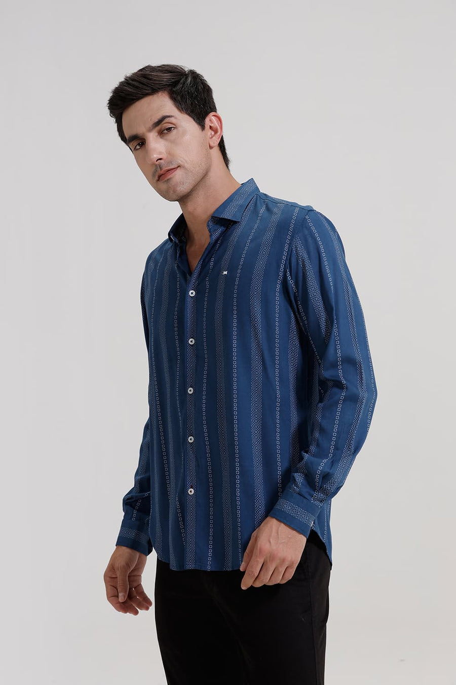 BASICS SLIM FIT STELLAR MID BLUE VISCOSE PRINTED STRIPE SHIRT