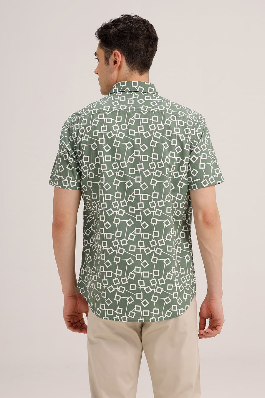 BASICS SLIM FIT FROSTY GREEN COTTON POPLIN PRINTED HALFSLEEVES SHIRT