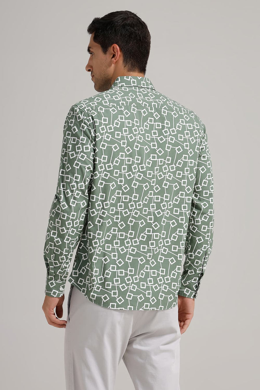 BASICS SLIM FIT FROSTY GREEN COTTON POPLIN PRINTED SHIRT