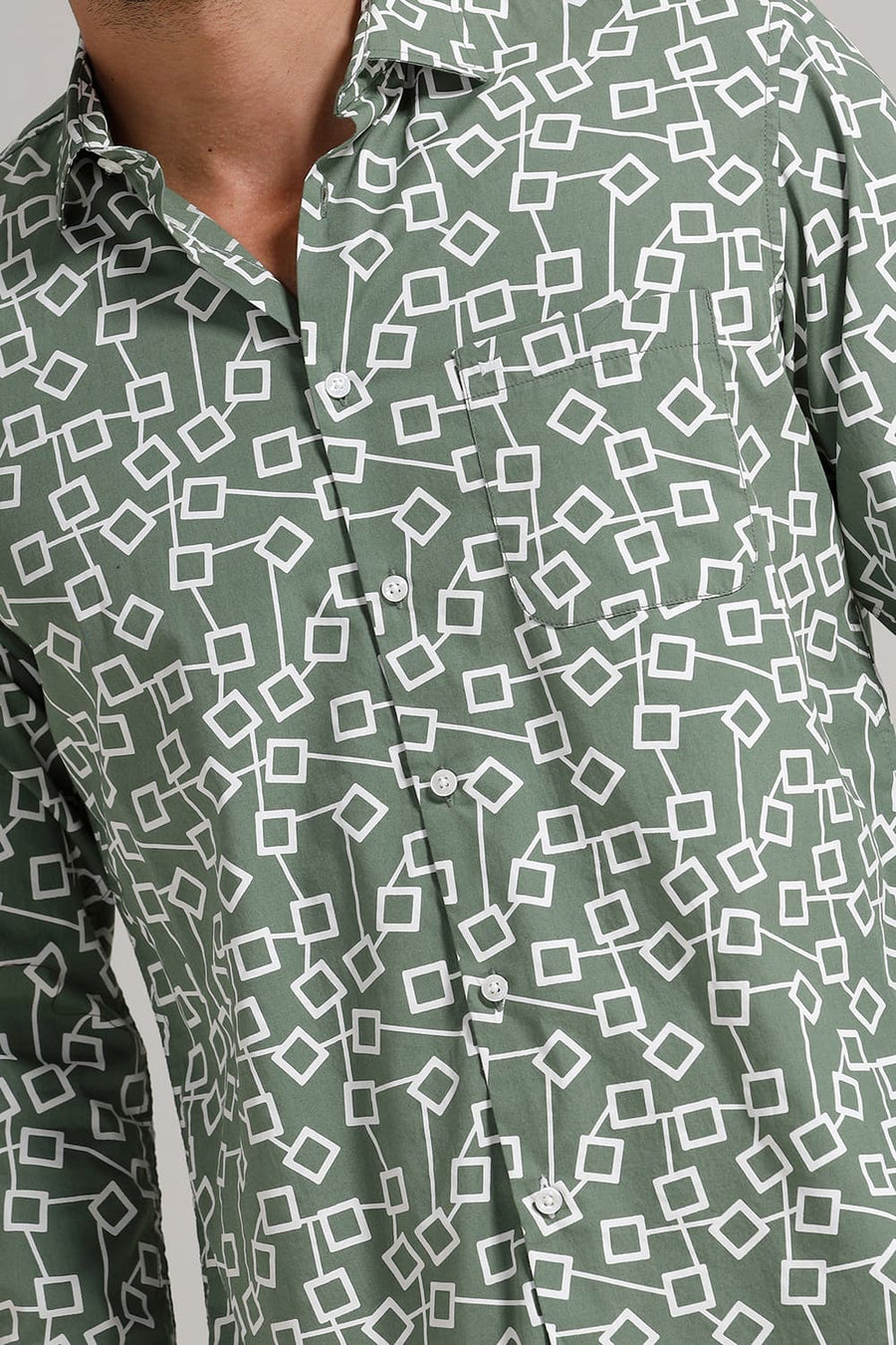 BASICS SLIM FIT FROSTY GREEN COTTON POPLIN PRINTED SHIRT