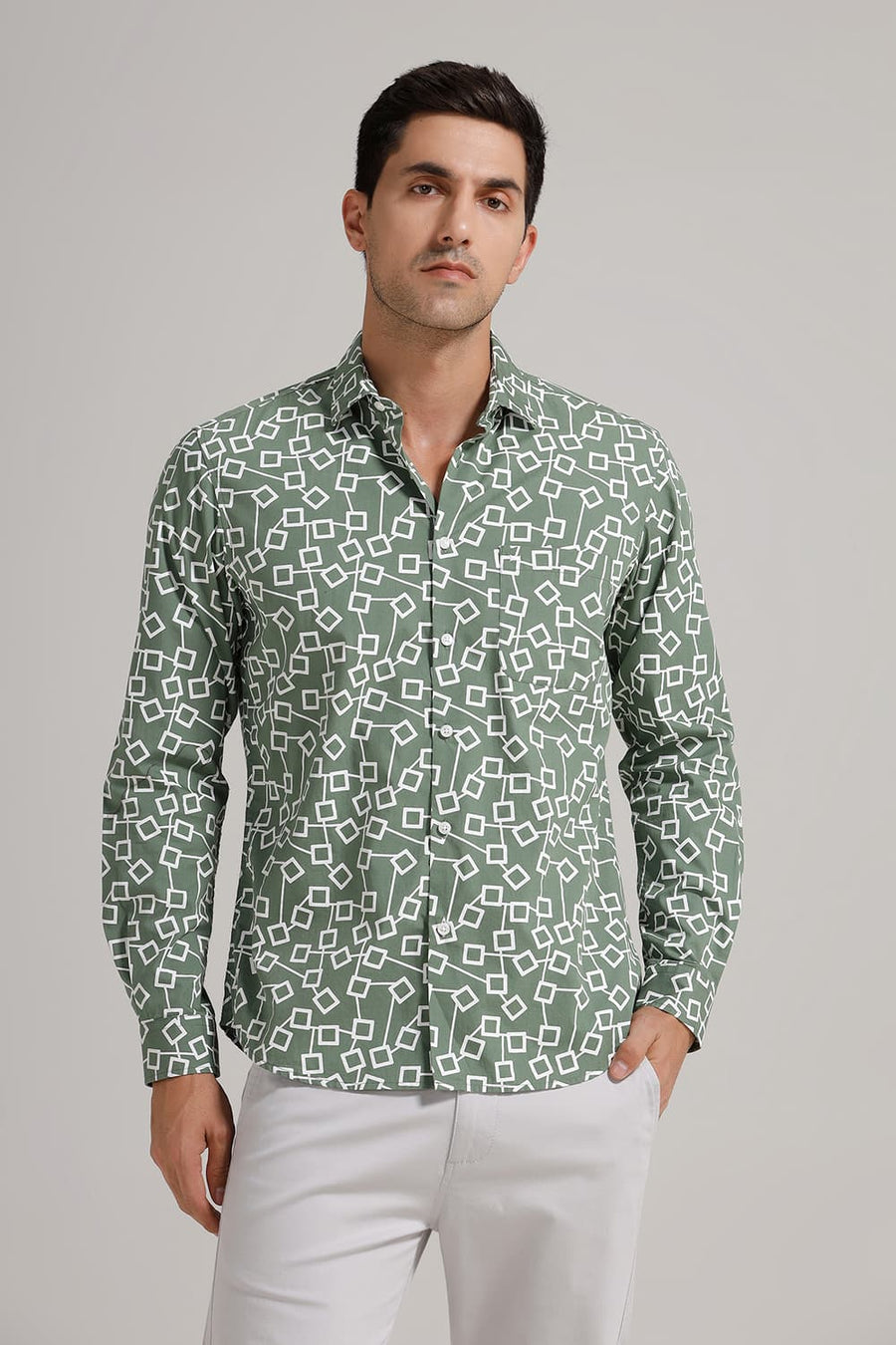 BASICS SLIM FIT FROSTY GREEN COTTON POPLIN PRINTED SHIRT