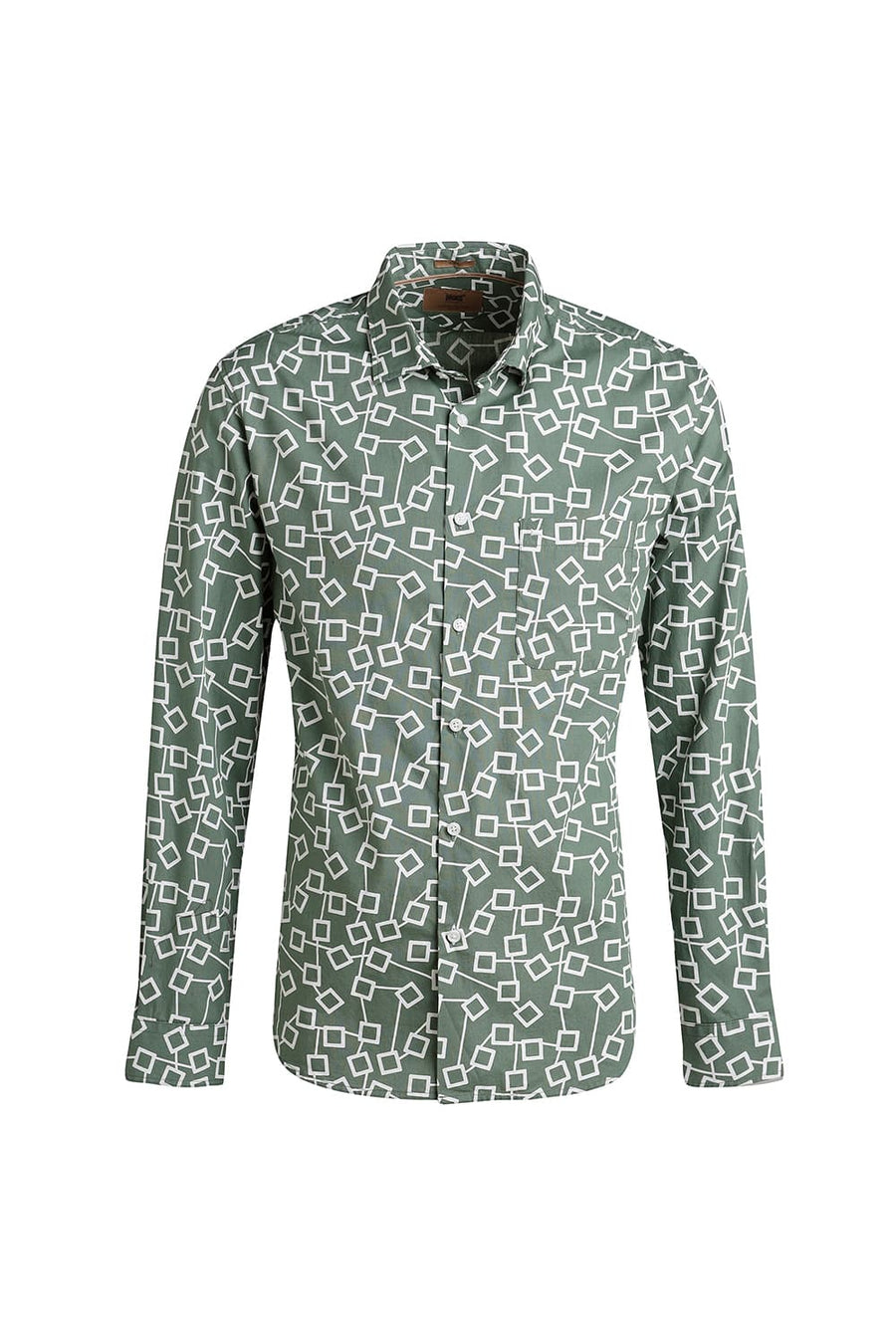BASICS SLIM FIT FROSTY GREEN COTTON POPLIN PRINTED SHIRT