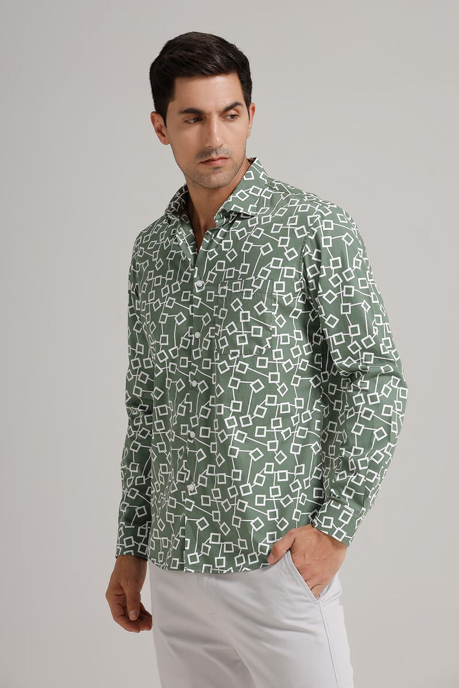 BASICS SLIM FIT FROSTY GREEN COTTON POPLIN PRINTED SHIRT