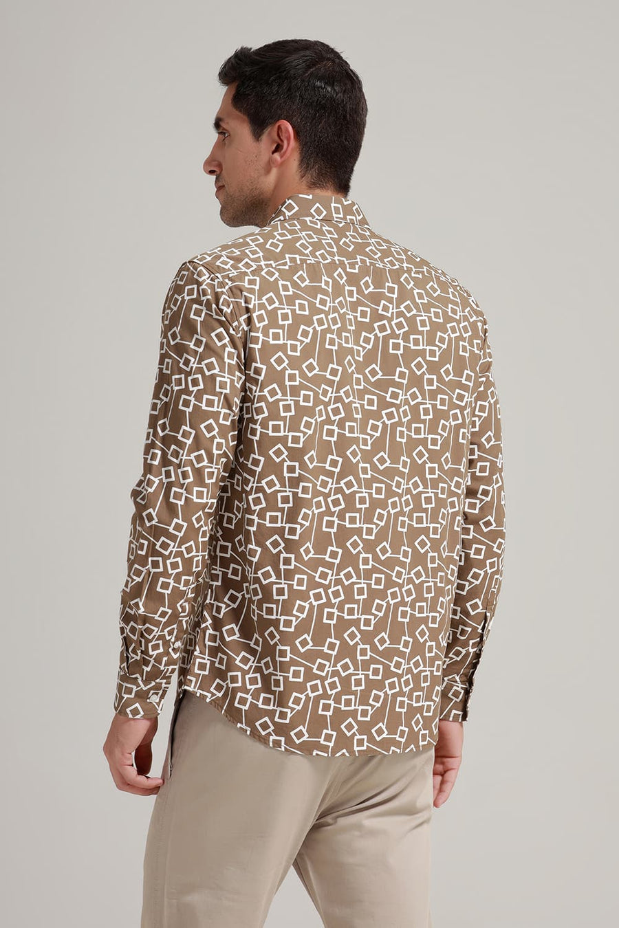 BASICS SLIM FIT CUB BROWN COTTON POPLIN PRINTED SHIRT