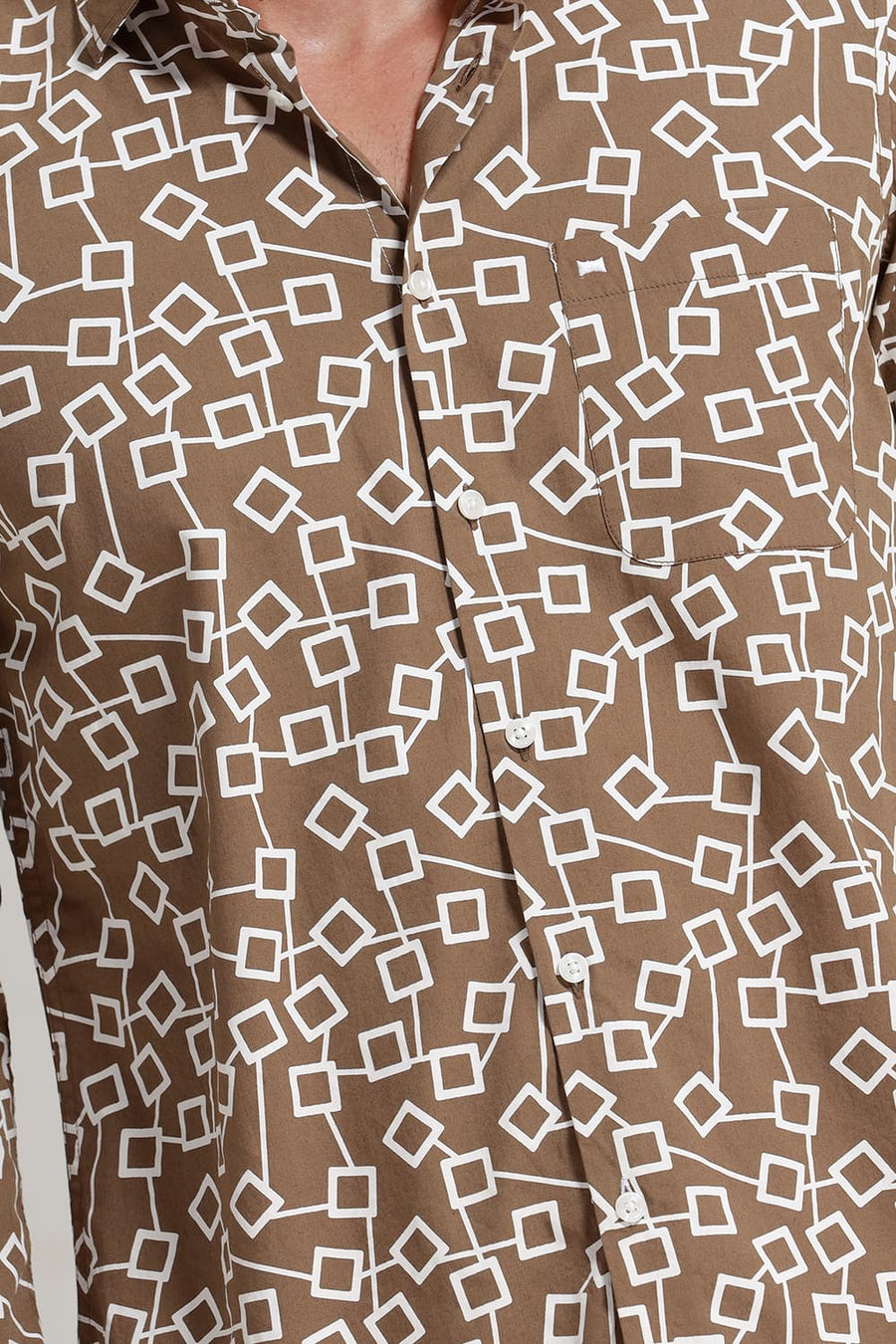 BASICS SLIM FIT CUB BROWN COTTON POPLIN PRINTED SHIRT
