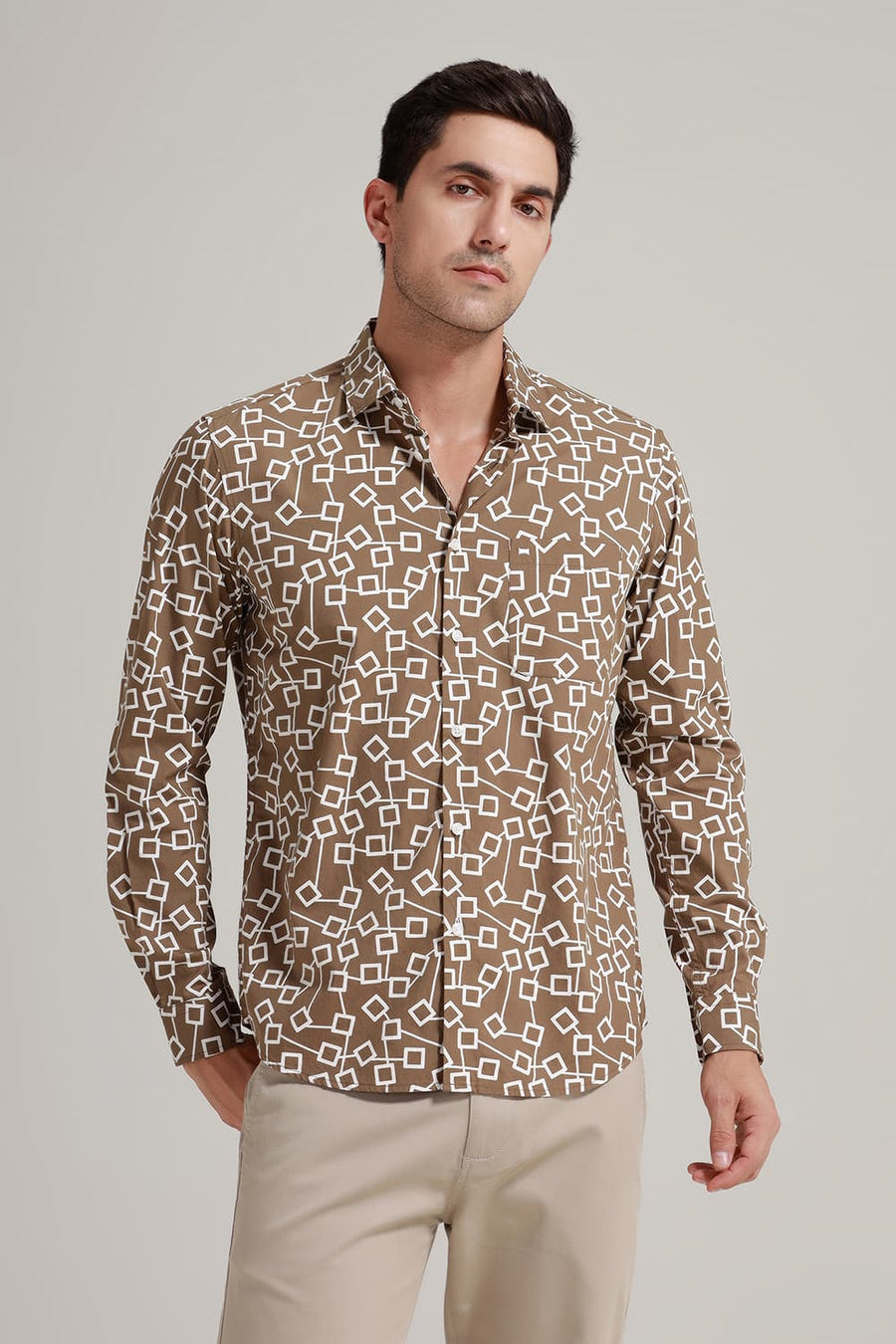 BASICS SLIM FIT CUB BROWN COTTON POPLIN PRINTED SHIRT