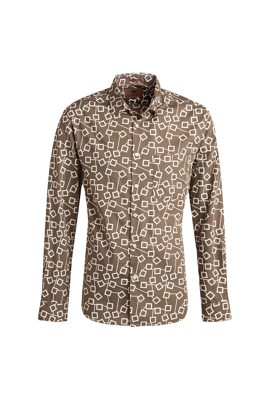 BASICS SLIM FIT CUB BROWN COTTON POPLIN PRINTED SHIRT