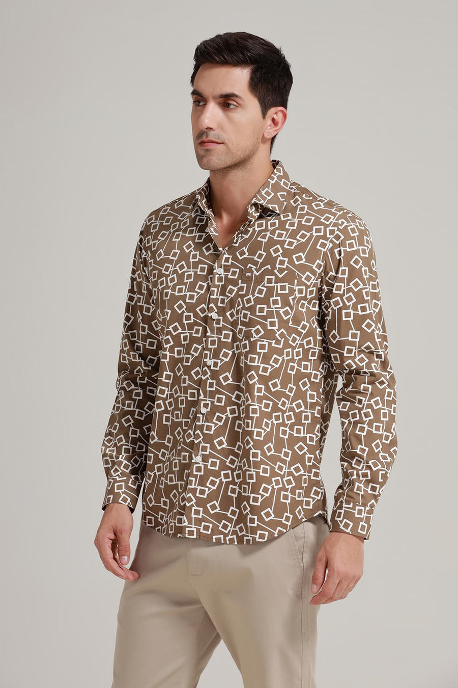 BASICS SLIM FIT CUB BROWN COTTON POPLIN PRINTED SHIRT