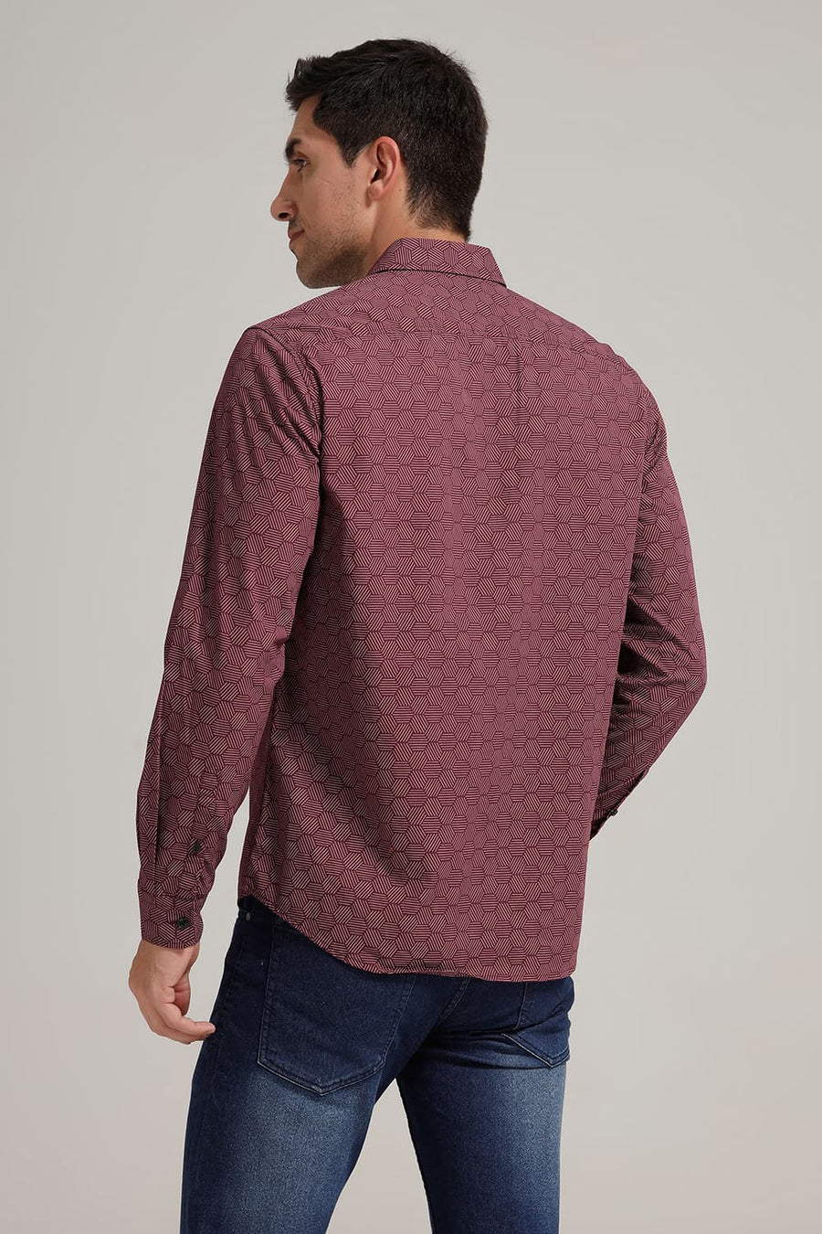 BASICS SLIM FIT POMEGRANATE WINE COTTON POPLIN PRINTED SHIRT
