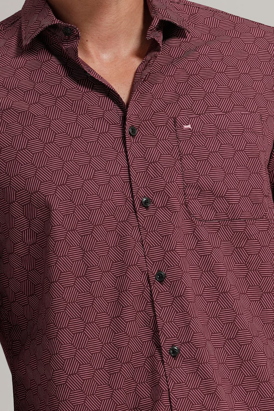 BASICS SLIM FIT POMEGRANATE WINE COTTON POPLIN PRINTED SHIRT