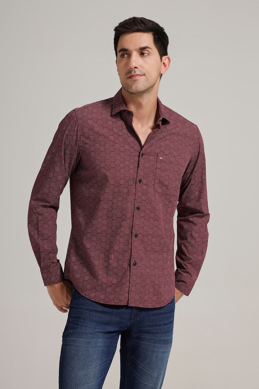 BASICS SLIM FIT POMEGRANATE WINE COTTON POPLIN PRINTED SHIRT