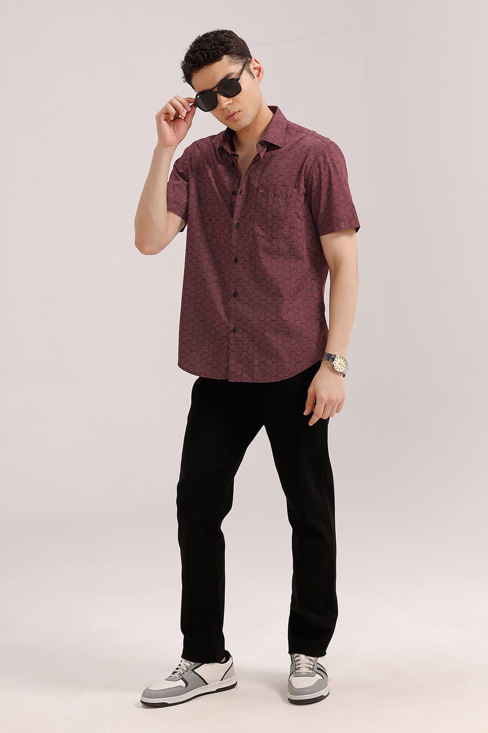 SLIM FIT COTTON POPLIN PRINTED HALFSLEEVES SHIRT