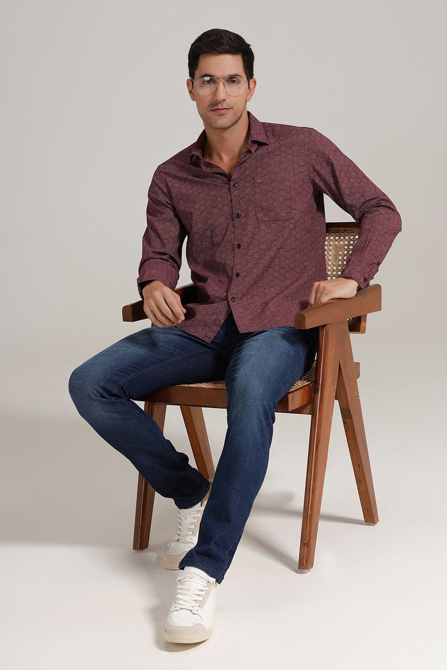 BASICS SLIM FIT POMEGRANATE WINE COTTON POPLIN PRINTED SHIRT