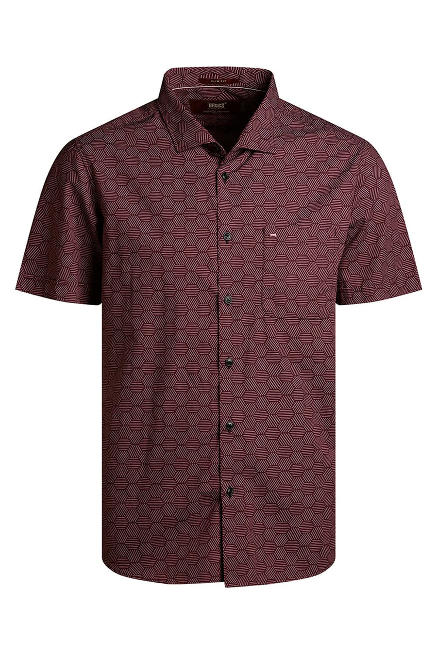 BASICS SLIM FIT POMEGRANATE WINE COTTON POPLIN PRINTED HALFSLEEVES SHIRT