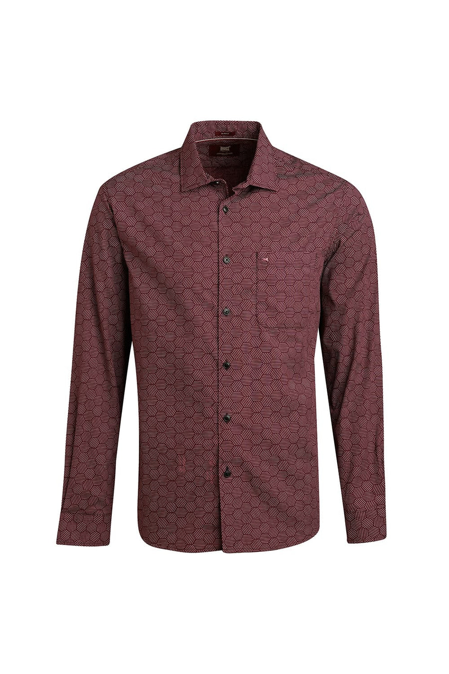 BASICS SLIM FIT POMEGRANATE WINE COTTON POPLIN PRINTED SHIRT
