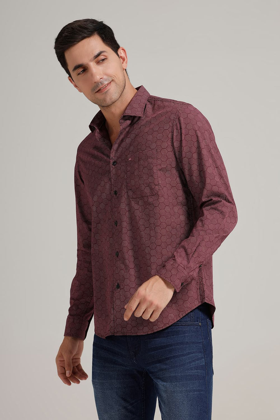 BASICS SLIM FIT POMEGRANATE WINE COTTON POPLIN PRINTED SHIRT