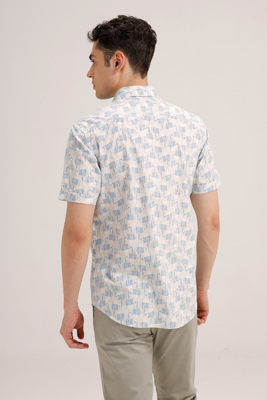 BASICS SLIM FIT INDIGO BLUE COTTON POPLIN PRINTED HALFSLEEVES SHIRT