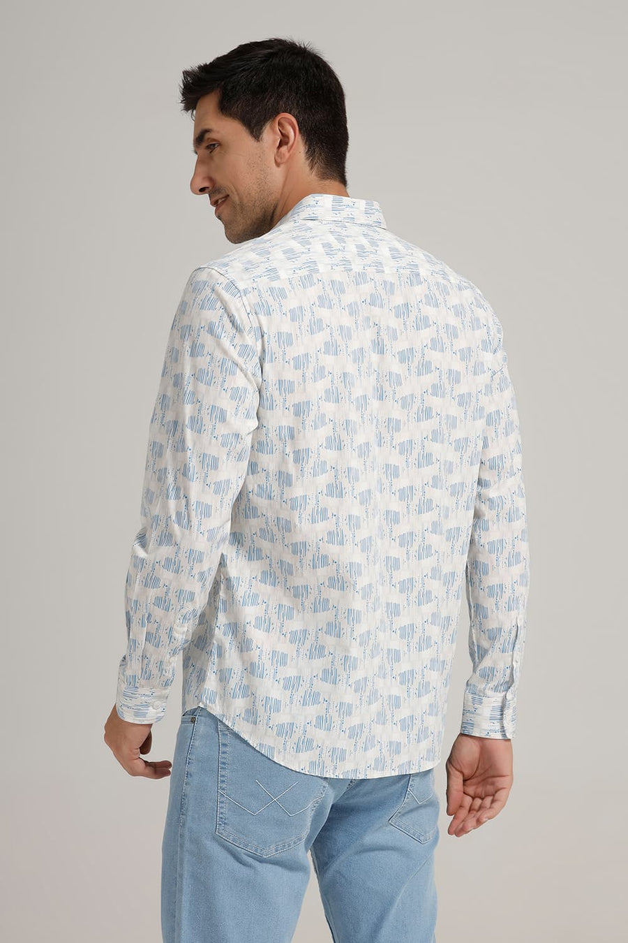 BASICS SLIM FIT INDIGO BLUE COTTON POPLIN PRINTED SHIRT