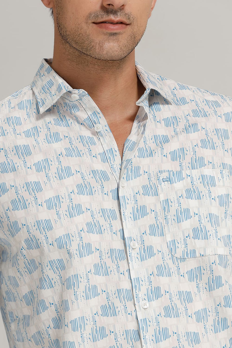 BASICS SLIM FIT INDIGO BLUE COTTON POPLIN PRINTED SHIRT