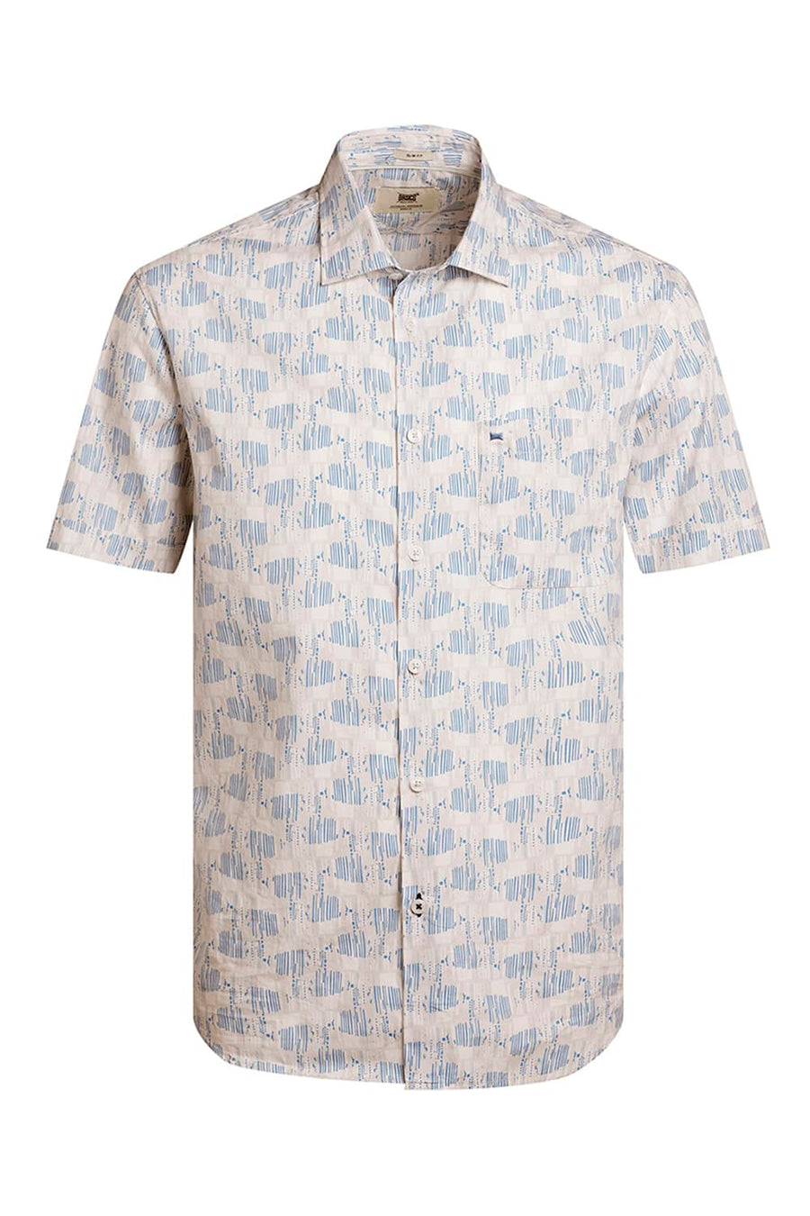 BASICS SLIM FIT INDIGO BLUE COTTON POPLIN PRINTED HALFSLEEVES SHIRT